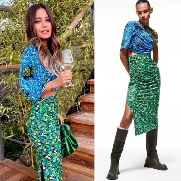 Zara Floral Midi Dress Stretch Asymmetrical Blue Green Print Blogger Fave SizeXS - Picture 16 of 16
